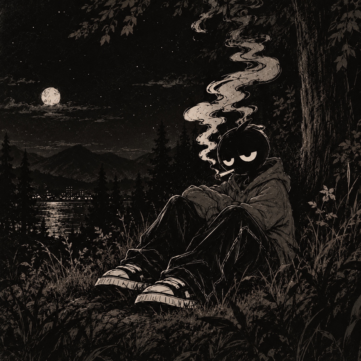 The Fume character beside a moonlit lake
